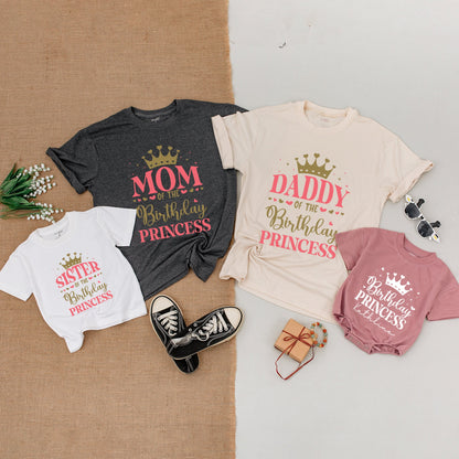 Custom Princess Birthday Family Matching Shirts Pink Gold Crown Retro Girl Tee with Name First Birthday Party Celebration