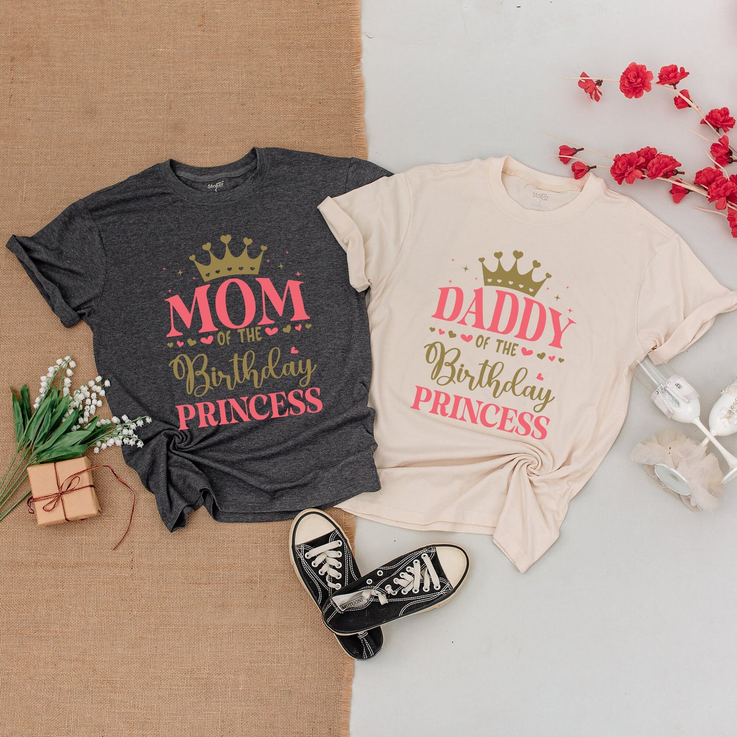 Custom Princess Birthday Family Matching Shirts Pink Gold Crown Retro Girl Tee with Name First Birthday Party Celebration