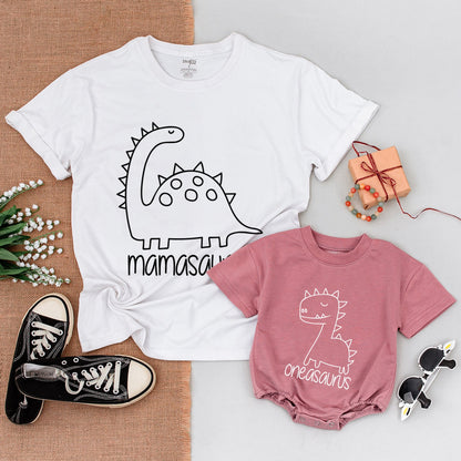 Matching Dinosaur Family Birthday Shirts with Mamasaurus Dadasaurus Oneasaurus 1st Birthday Outfit for Baby Boy and Girls Fun Cartoon Outline Design