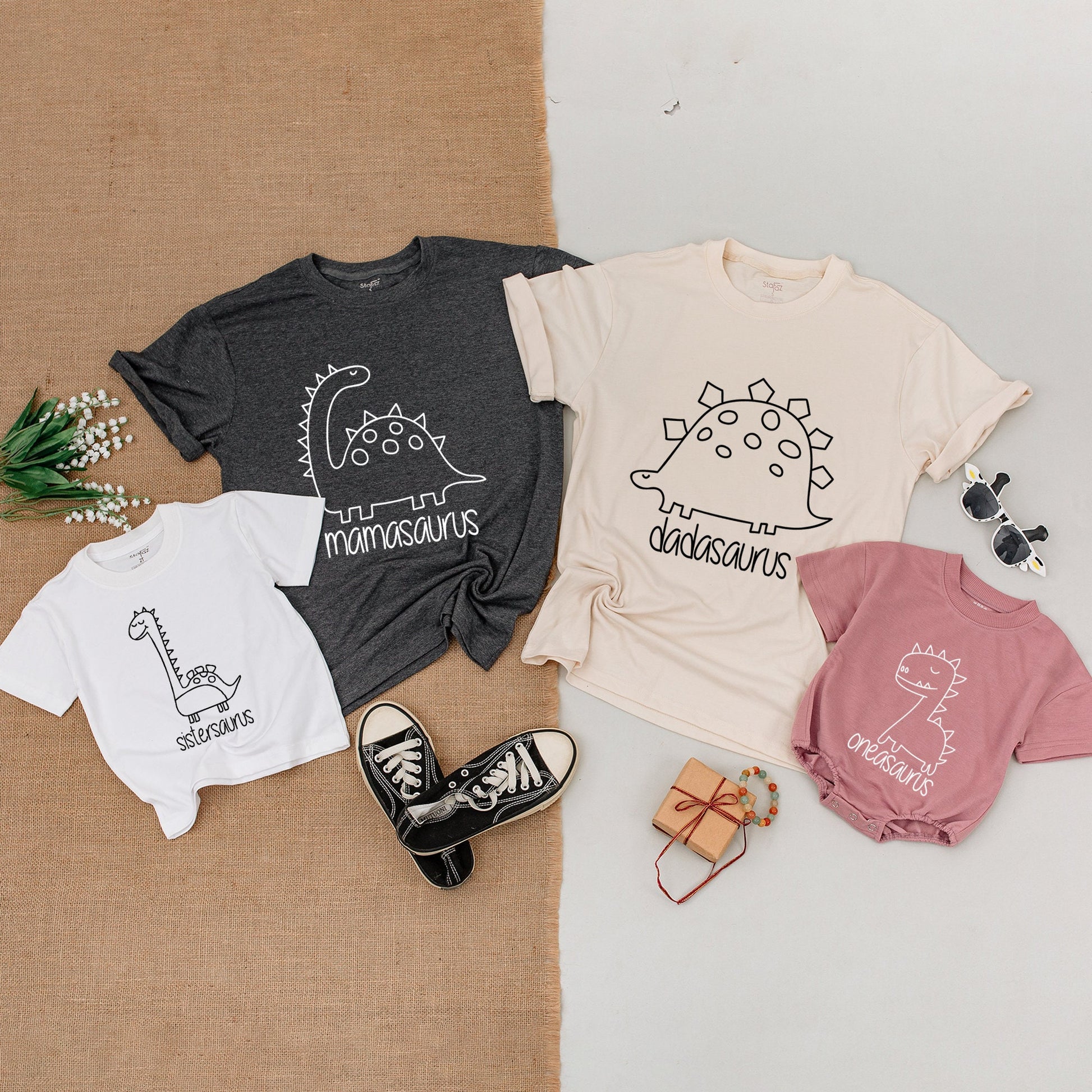 Matching Dinosaur Family Birthday Shirts with Mamasaurus Dadasaurus Oneasaurus 1st Birthday Outfit for Baby Boy and Girls Fun Cartoon Outline Design