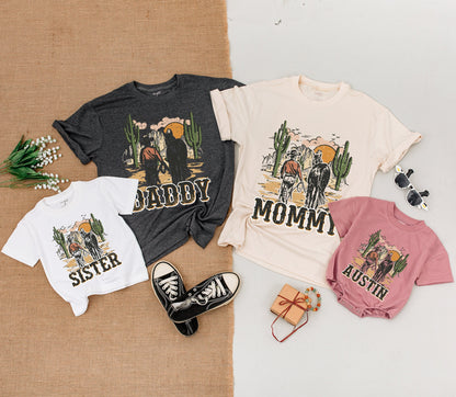 Vintage Cowboy Family Matching Shirts Rustic Desert Sunset Daddy Mommy Sister Austin Western Birthday Celebration Outfit