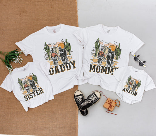 Vintage Cowboy Family Matching Shirts Rustic Desert Sunset Daddy Mommy Sister Austin Western Birthday Celebration Outfit