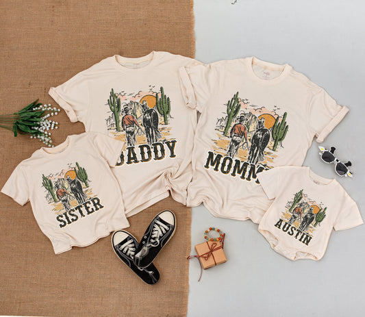 Vintage Cowboy Family Matching Shirts Rustic Desert Sunset Daddy Mommy Sister Austin Western Birthday Celebration Outfit