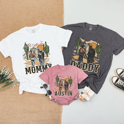 Vintage Cowboy Family Matching Shirts Rustic Desert Sunset Daddy Mommy Sister Austin Western Birthday Celebration Outfit