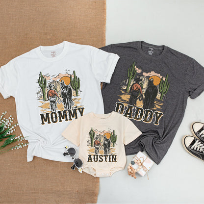Vintage Cowboy Family Matching Shirts Rustic Desert Sunset Daddy Mommy Sister Austin Western Birthday Celebration Outfit