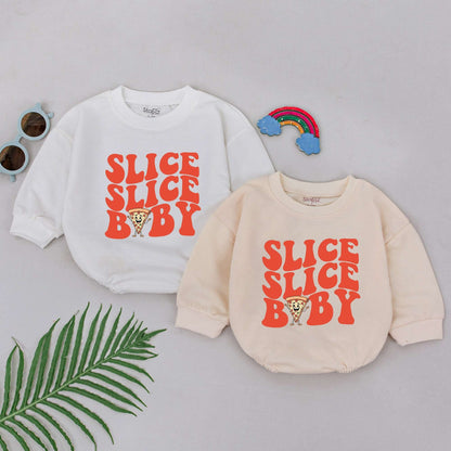 Slice Slice Baby Romper Cute Cartoon Pizza Slice Retro Font Foodie Gift for Baby Boys Girls Newborn