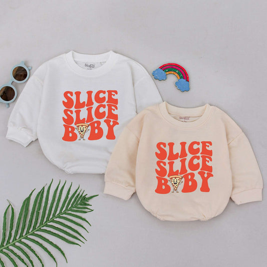 Slice Slice Baby Romper Cute Cartoon Pizza Slice Retro Font Foodie Gift for Baby Boys Girls Newborn