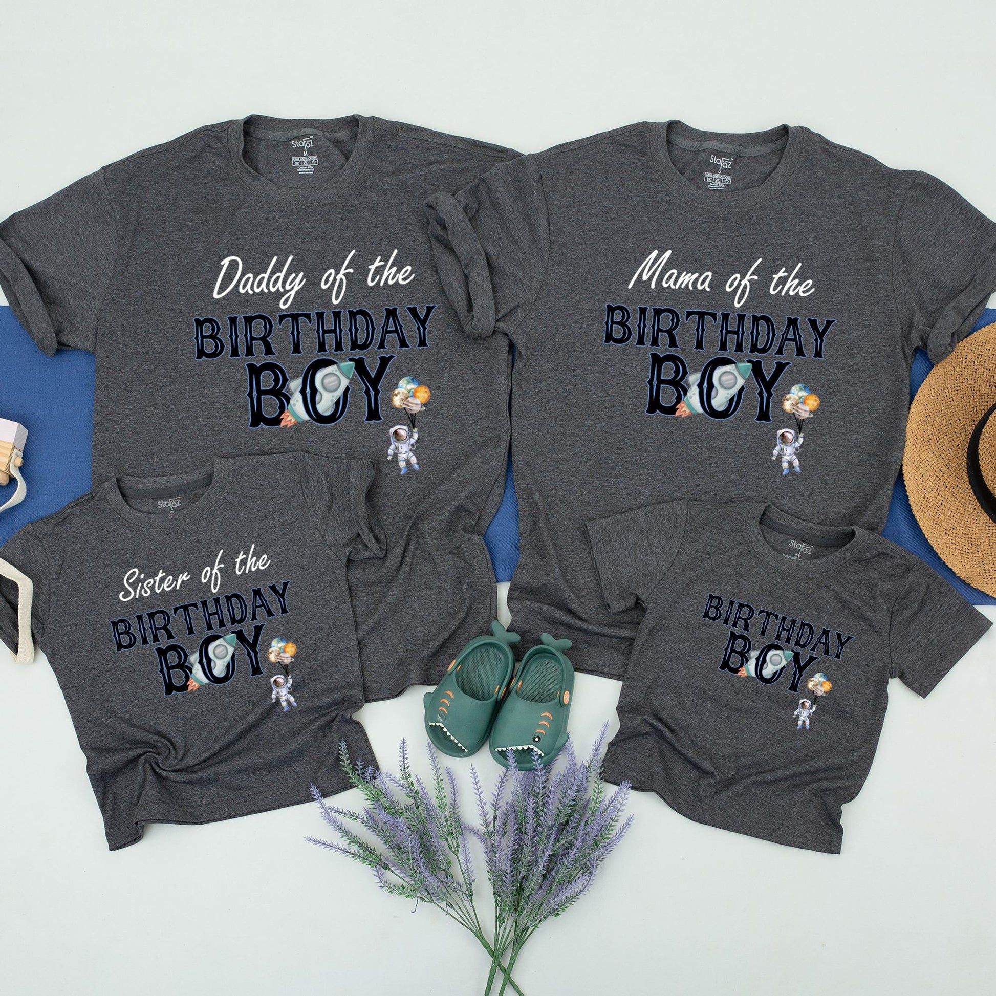 Matching Family Astronaut Birthday Shirts for Daddy Mama Brother of the Birthday Boy featuring Rocket Ship & Planet Balloons Design