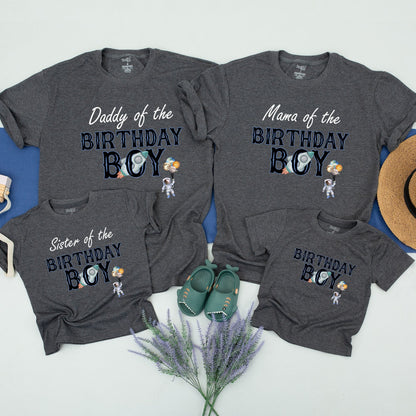 Matching Family Astronaut Birthday Shirts for Daddy Mama Brother of the Birthday Boy featuring Rocket Ship & Planet Balloons Design