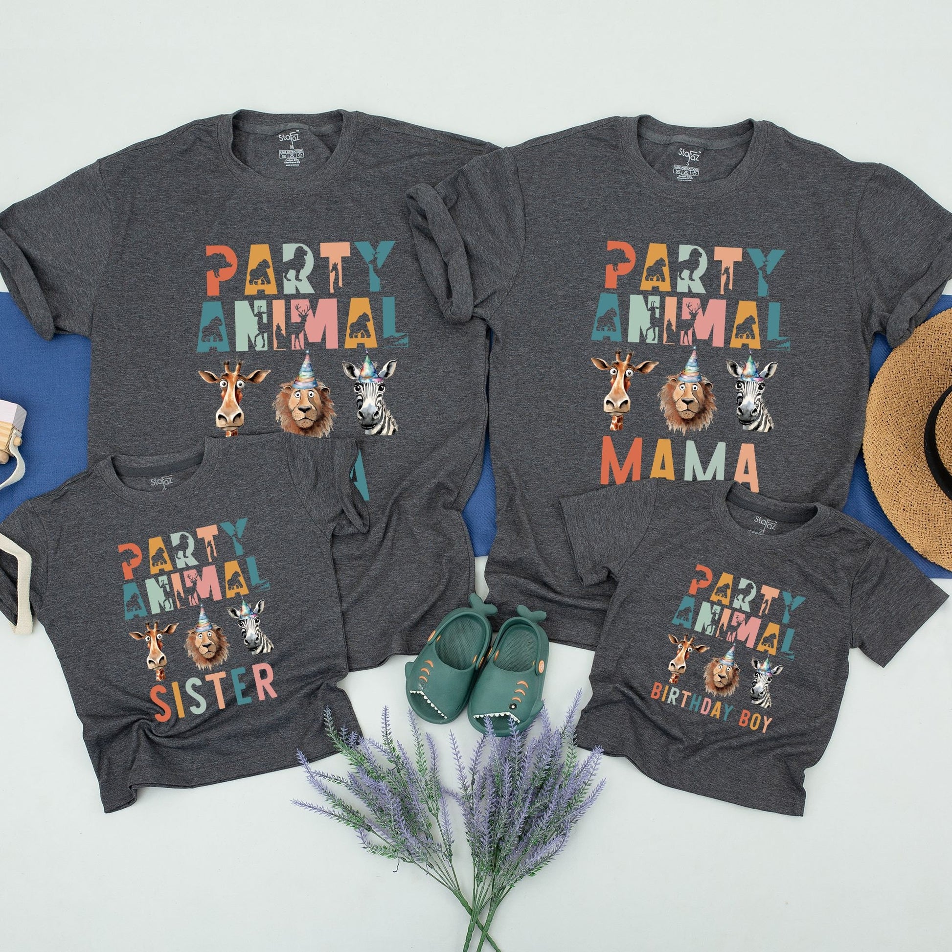 Party Animal Safari Birthday Shirt Matching Family Zoo Celebration Tees with Colorful Animal Silhouettes and Birthday Hats Cotton Comfortable