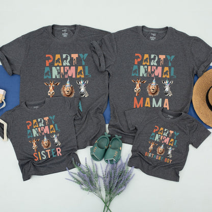 Party Animal Safari Birthday Shirt Matching Family Zoo Celebration Tees with Colorful Animal Silhouettes and Birthday Hats Cotton Comfortable