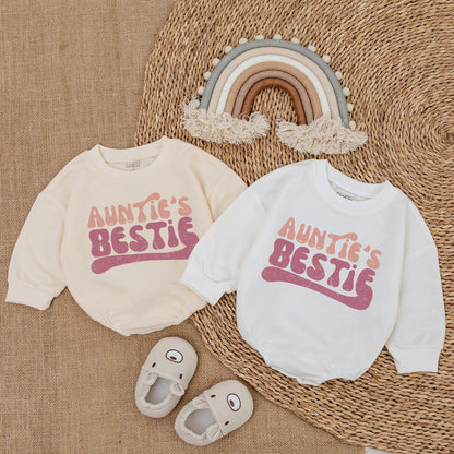 Auntie's Bestie Baby Romper with Retro Pink Wavy Font, Newborn Infant Gift from Aunt, Vintage Distressed Pregnancy Announcement Outfit for Bestie