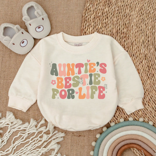 Whimsical Auntie's Bestie For Life Baby Romper Vintage Pastel Design featuring Flowers Butterflies Hearts and Stars Soft Cotton Newborn Gift from Aunt