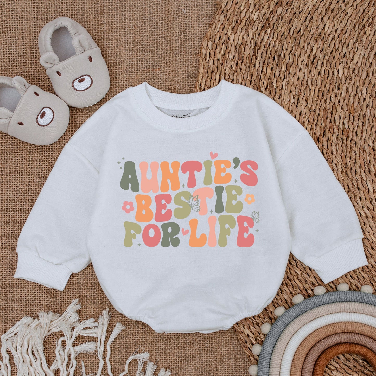 Whimsical Auntie's Bestie For Life Baby Romper Vintage Pastel Design featuring Flowers Butterflies Hearts and Stars Soft Cotton Newborn Gift from Aunt