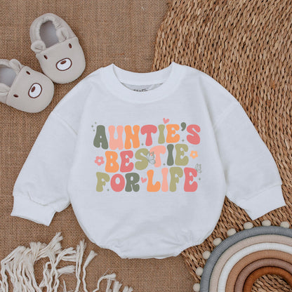 Whimsical Auntie's Bestie For Life Baby Romper Vintage Pastel Design featuring Flowers Butterflies Hearts and Stars Soft Cotton Newborn Gift from Aunt