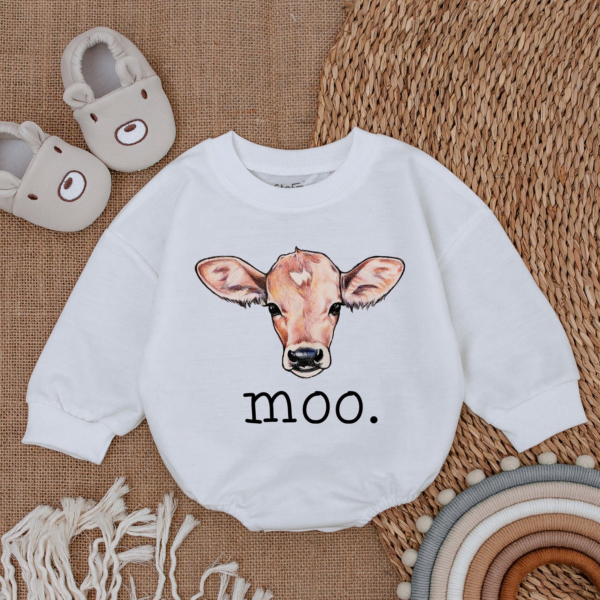 Moo Cow Baby Romper, Cute Farm Outfit with Hand-Drawn Cow Design Newborn Gift Soft Cotton Bodysuit, Playful Baby Clothes Sweatshirt Romper 138