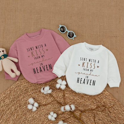 Custom Grandma In Heaven Kiss Baby Romper Sentimental Newborn Announcement Bodysuit Sweet Bubble Romper Shower Gift for New Grandbaby