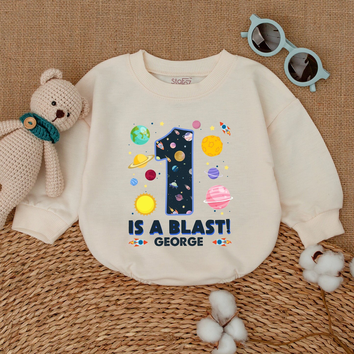 Personalized One is a Blast First Birthday Romper Outer Space Galaxy Baby Bodysuit Cake Smash Outfit Newborn Bubble Gift