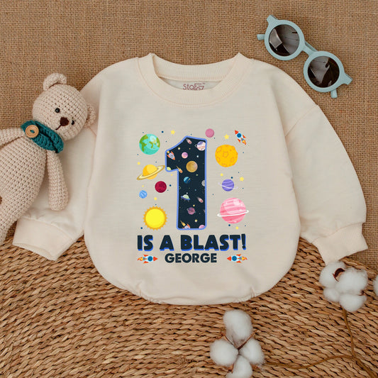 Personalized One is a Blast First Birthday Romper Outer Space Galaxy Baby Bodysuit Cake Smash Outfit Newborn Bubble Gift