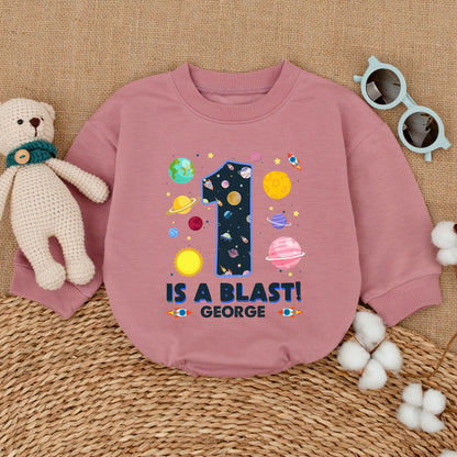 Personalized One is a Blast First Birthday Romper Outer Space Galaxy Baby Bodysuit Cake Smash Outfit Newborn Bubble Gift
