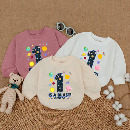 Personalized One is a Blast First Birthday Romper Outer Space Galaxy Baby Bodysuit Cake Smash Outfit Newborn Bubble Gift