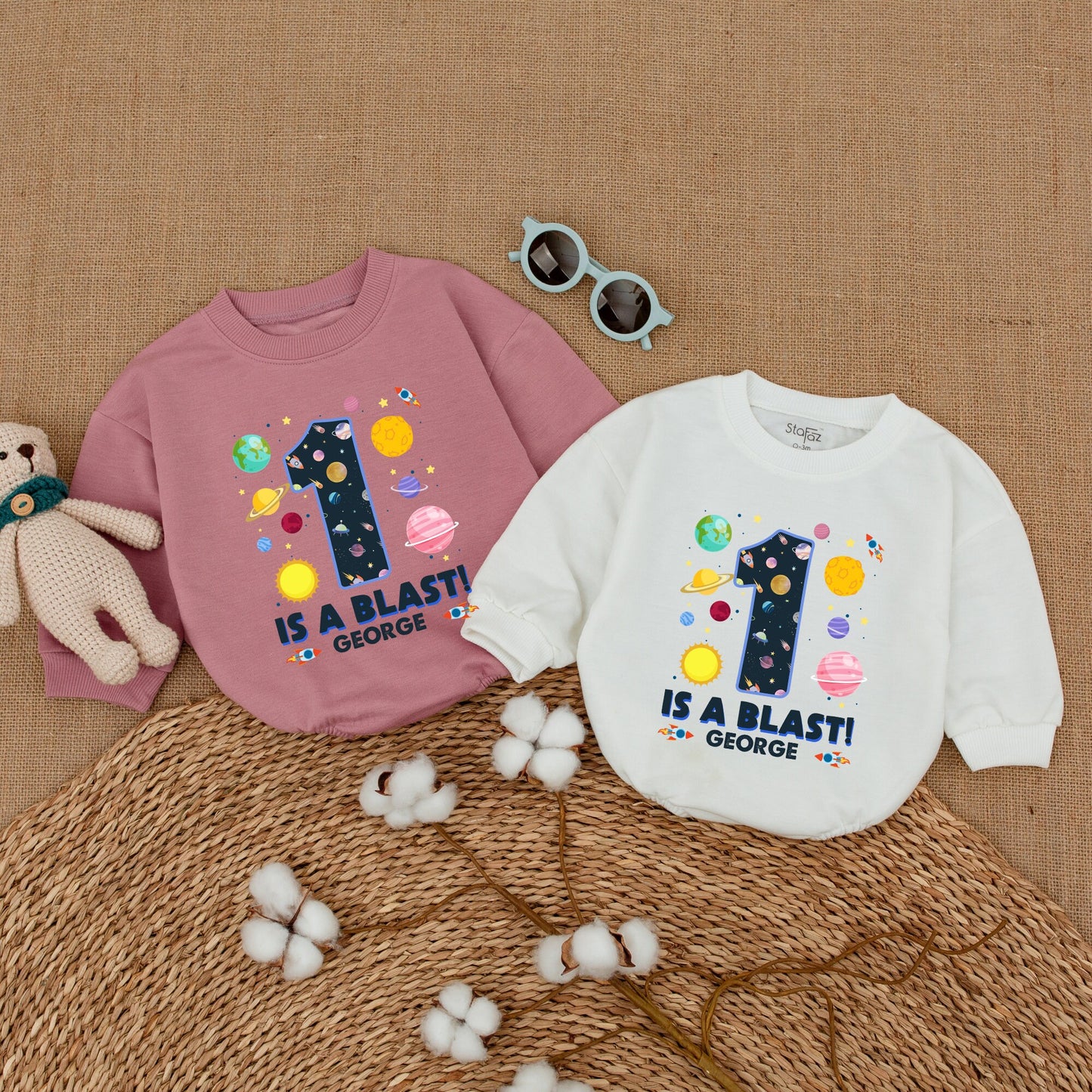 Personalized One is a Blast First Birthday Romper Outer Space Galaxy Baby Bodysuit Cake Smash Outfit Newborn Bubble Gift