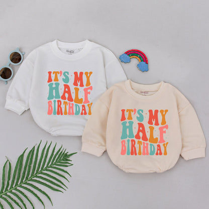 It's My Half Birthday Romper 6 Month Baby Girl Boy Outfit, Retro Vintage Bright Colorful Design with Starbursts Half Way to One Infant Celebration Gift