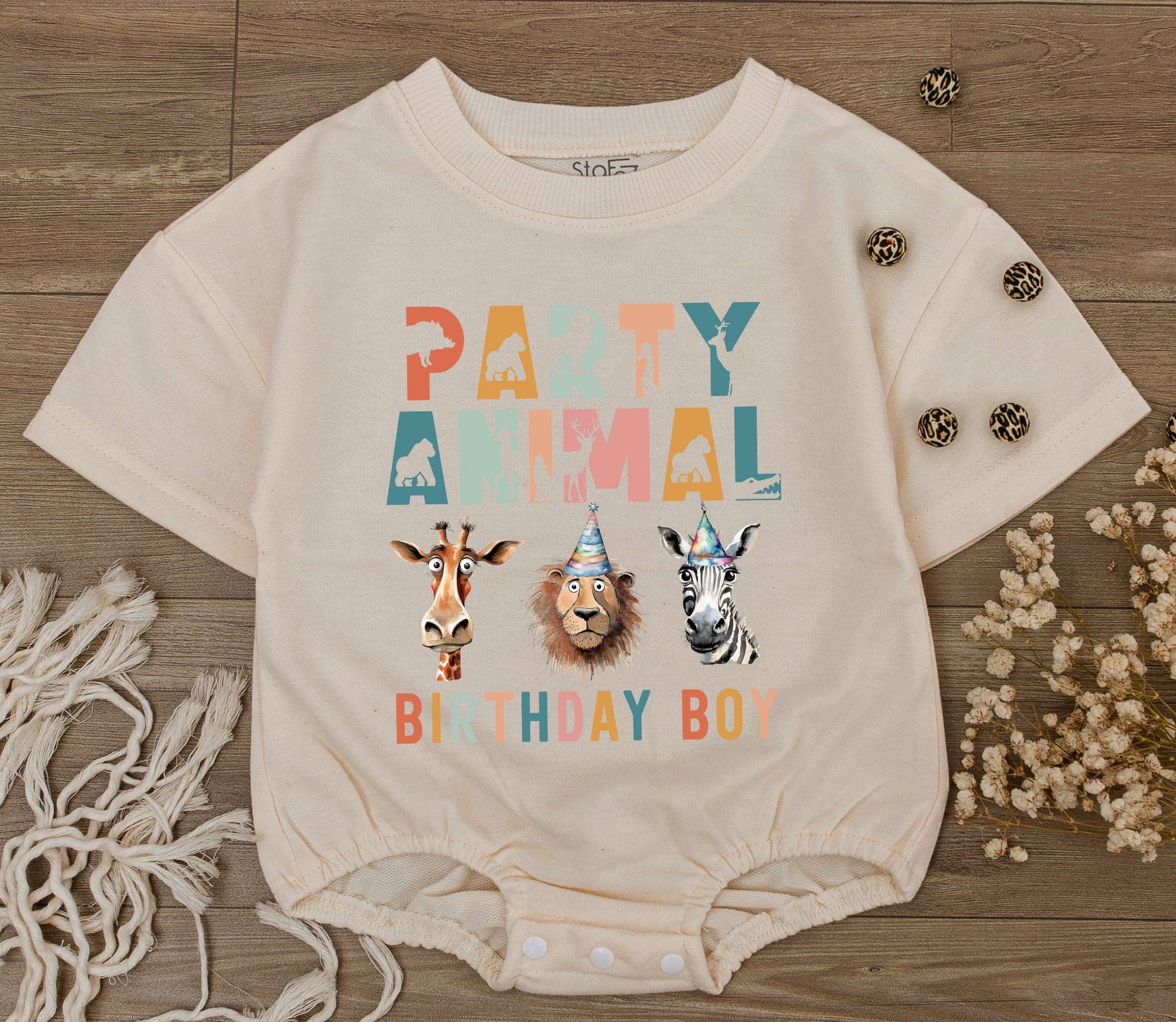 Party Animal Birthday Boy Romper Wild One Safari First Birthday Outfit Playful Multicolored Jungle Animals Giraffe Lion Zebra