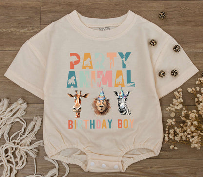 Party Animal Birthday Boy Romper Wild One Safari First Birthday Outfit Playful Multicolored Jungle Animals Giraffe Lion Zebra