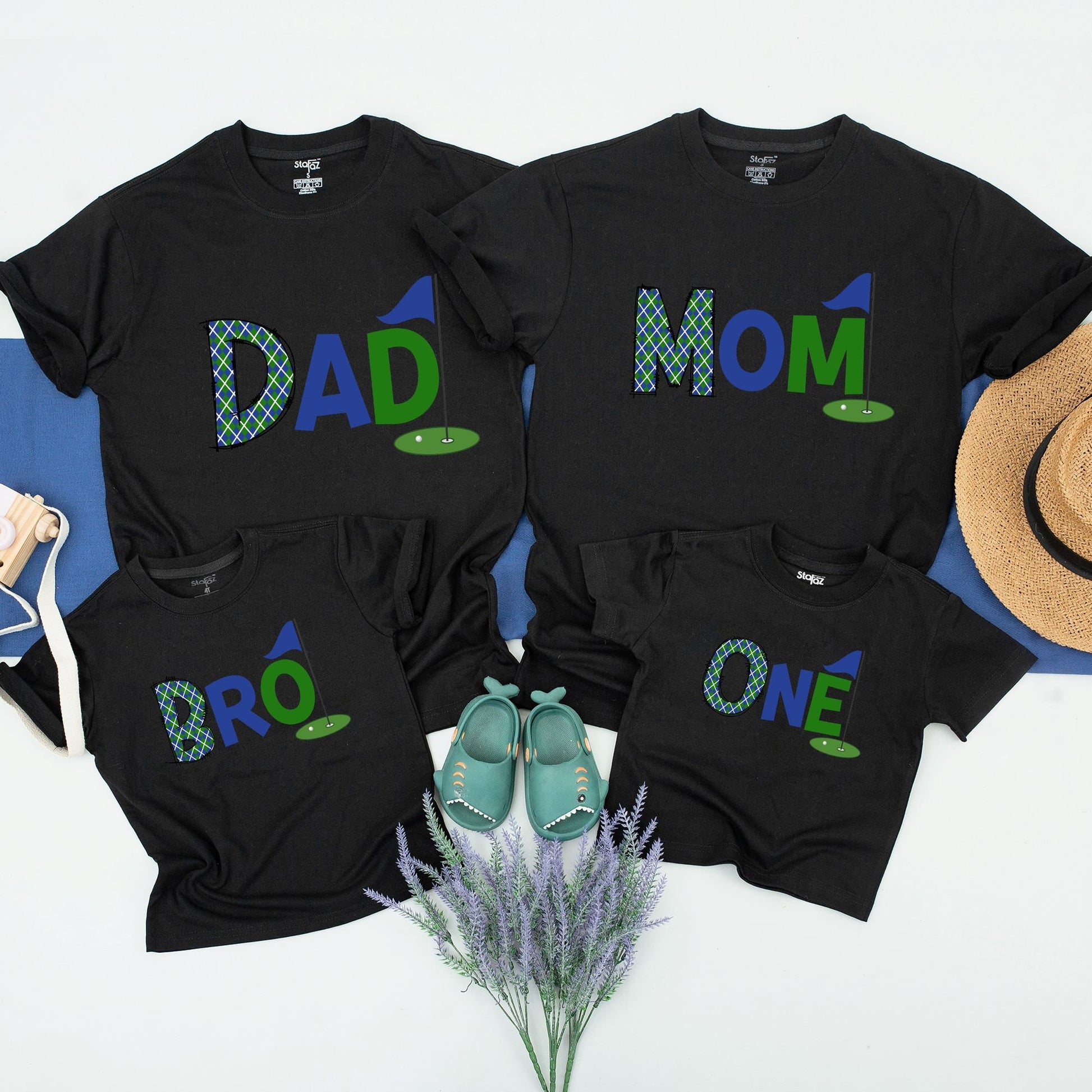 Hole in One Golf First Birthday Mommy and Me Family Shirts, Playful Plaid Green DAD MOM BRO ONE Design Tee for Boys 1st Celebration
