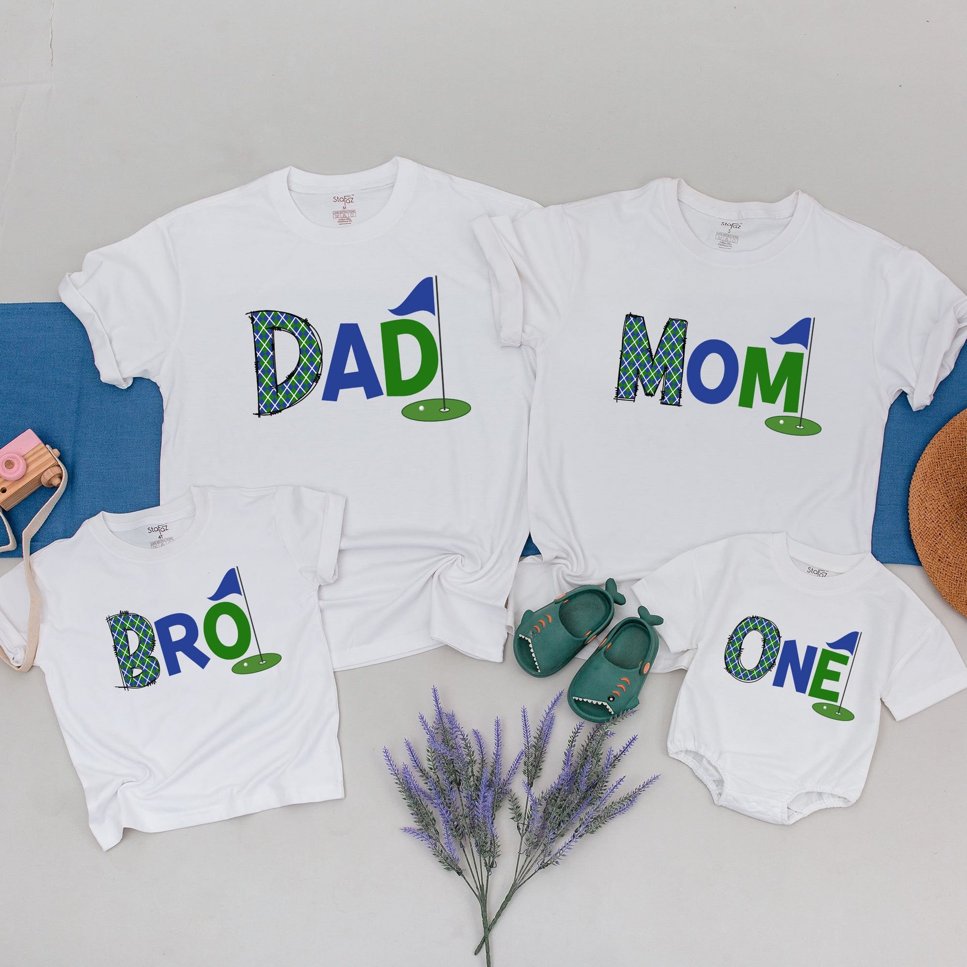 Hole in One Golf First Birthday Mommy and Me Family Shirts, Playful Plaid Green DAD MOM BRO ONE Design Tee for Boys 1st Celebration