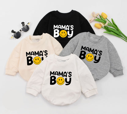 Mama's Boy Baby Romper featuring Retro Smiley Face Lightning Bolt Design, Cute Baby Boy Outfit for First Mother's Day Gift, Baby Shower, New Baby Sleepsuit