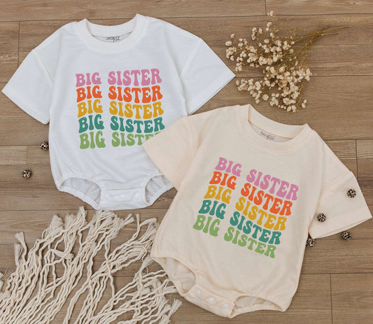 Groovy Big Sister Romper Outfit, Retro 70s Font, Pink Orange Yellow Green, Toddler Tee, Cute Baby Girl Clothes, Sibling Reveal, Bubble Bodysuit  