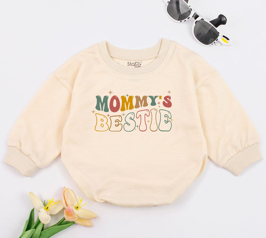 Mommy's Bestie Retro Baby Romper Mothers Day Gift with Earthy Colors and Playful Starbursts Cute Newborn Sleepsuit First Shower Outfit
