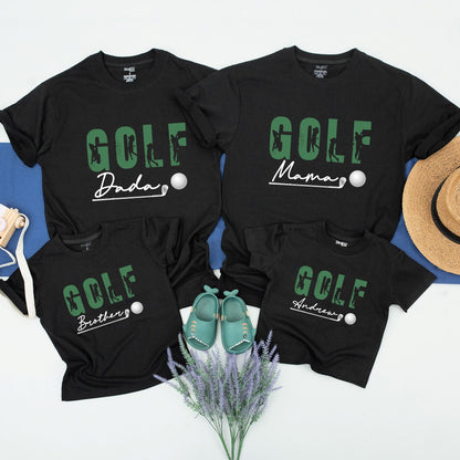 Family Matching Personalized Golf Birthday Shirts with Green GOLF Text Silhouettes for Boy's First Birthday Party Celebration Gift