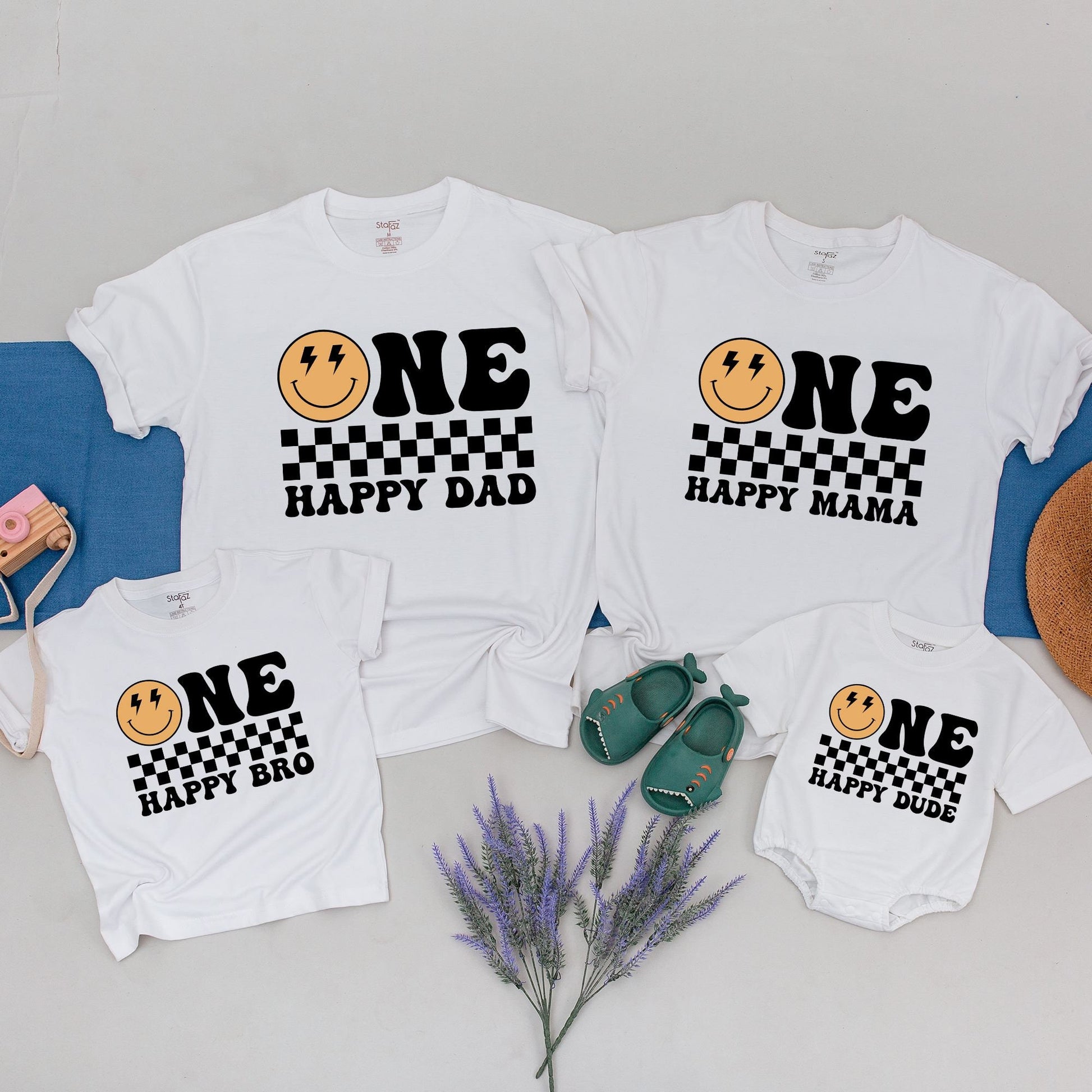 One Happy Dude First Birthday Shirt Retro Smiley Bolt Eyes Matching Family Toddler Boy Party Outfit Yellow Black White Checkered Comfort