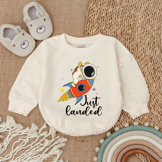 Just Landed Spaceship Baby Bodysuit Astronaut Romper Newborn Shower Gift Soft Cotton Bubble Design Infant Outfit for Girls Boys