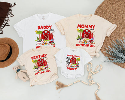 Personalized Barnyard Birthday Family Matching Shirts for Mom Dad Sister & Birthday Girl with Name Age Farm Animal Red Barn Tractor Design