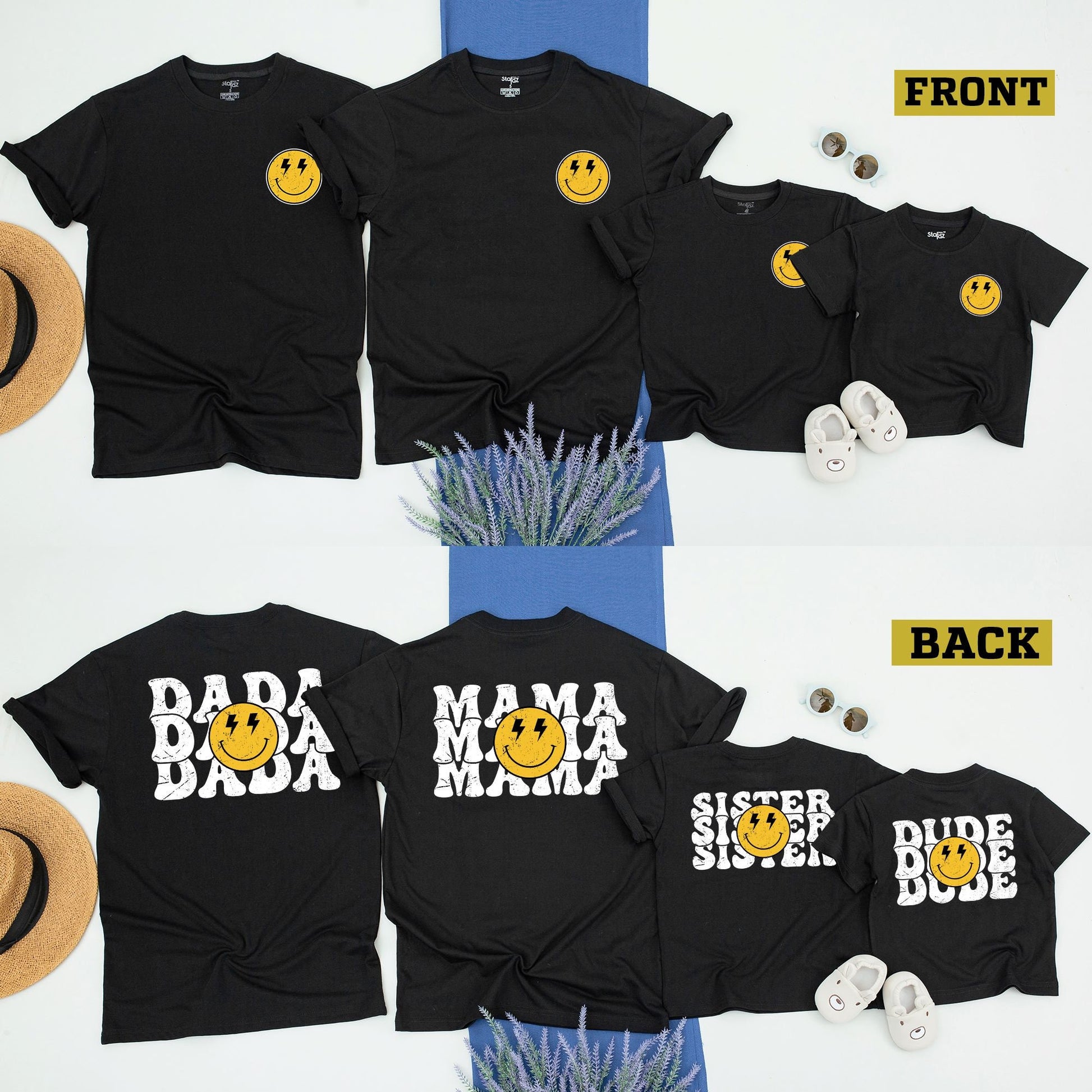 One Happy Dude Retro Smiley Face Birthday Matching Family Shirts for Mom Dad Sister Brother Boys Girls Toddlers Yellow Distressed Design