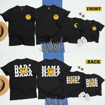 One Happy Dude Retro Smiley Face Birthday Matching Family Shirts for Mom Dad Sister Brother Boys Girls Toddlers Yellow Distressed Design
