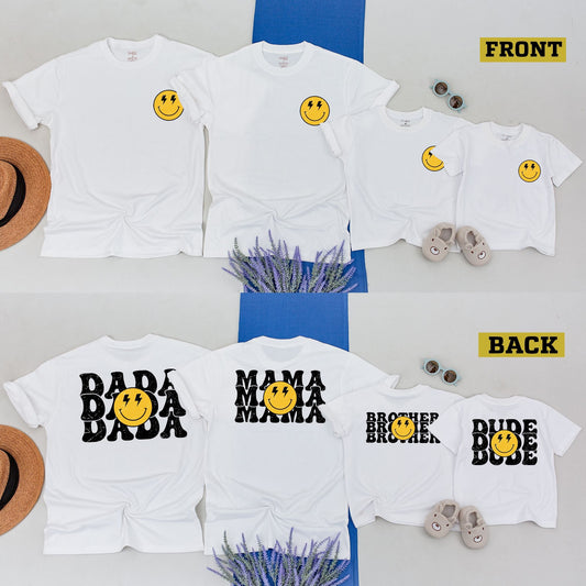 One Happy Dude Retro Smiley Face Birthday Matching Family Shirts for Mom Dad Sister Brother Boys Girls Toddlers Yellow Distressed Design
