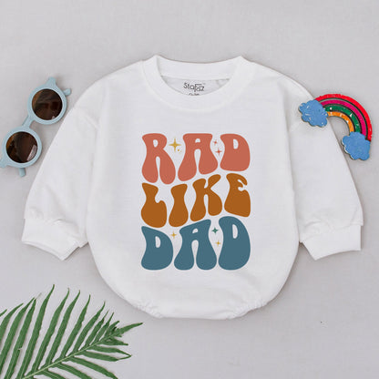 Rad Like Dad Romper Groovy Retro 70s Baby Girl Outfit Peach Orange Teal Starburst Cotton Newborn First Father's Day Baby Shower Gift