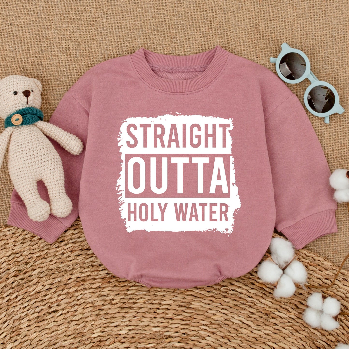 Straight Outta Holy Water Funny Baby Romper Bodysuit with Distressed Graphic Design Baptism Keepsake Outfit Newborn Bubble Gift Idea