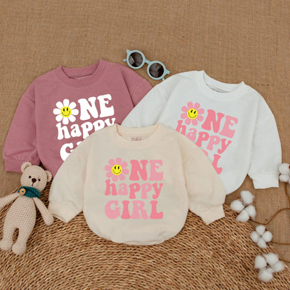 Personalized Baby Girl First Birthday Romper One Happy Girl Groovy Daisy Bodysuit Pink Smiley Face Vintage Celebration Outfit Gift