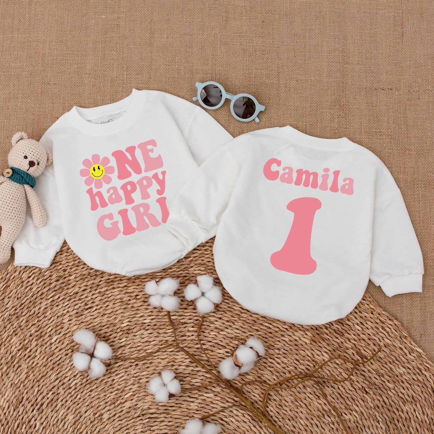 Personalized Baby Girl First Birthday Romper One Happy Girl Groovy Daisy Bodysuit Pink Smiley Face Vintage Celebration Outfit Gift