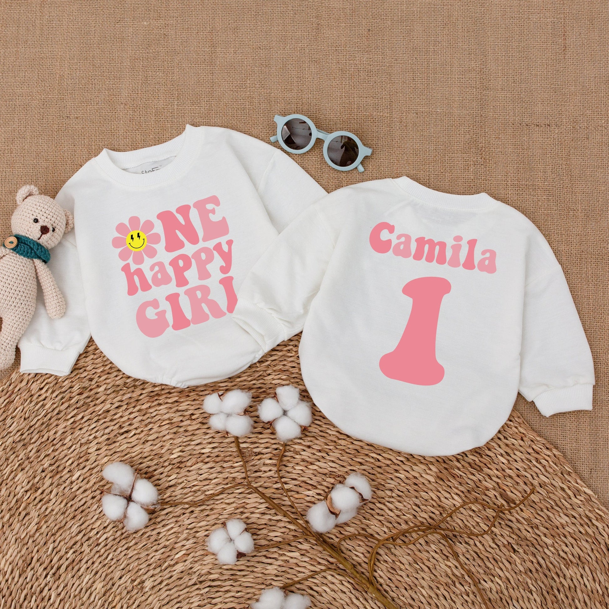 Personalized Baby Girl First Birthday Romper One Happy Girl Groovy Daisy Bodysuit Pink Smiley Face Vintage Celebration Outfit Gift