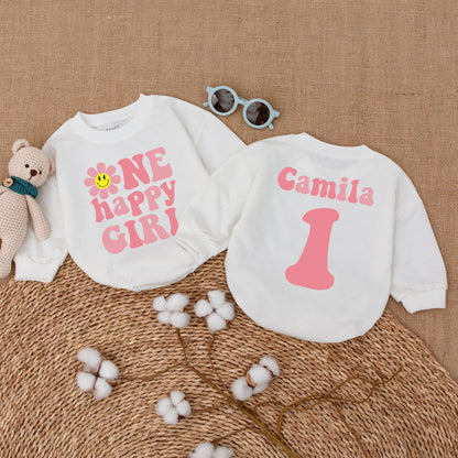 Personalized Baby Girl First Birthday Romper One Happy Girl Groovy Daisy Bodysuit Pink Smiley Face Vintage Celebration Outfit Gift