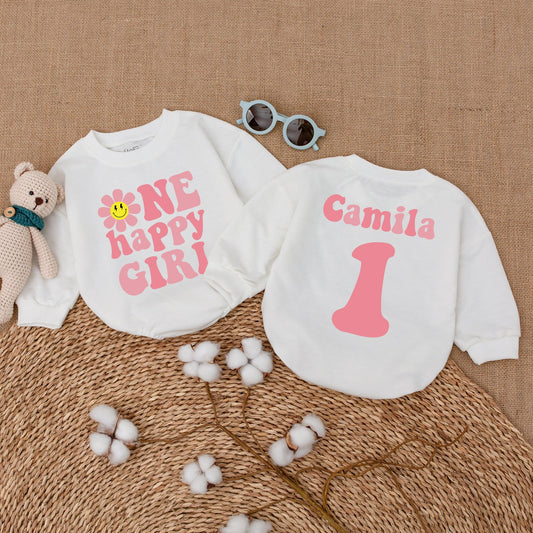 Personalized Baby Girl First Birthday Romper One Happy Girl Groovy Daisy Bodysuit Pink Smiley Face Vintage Celebration Outfit Gift