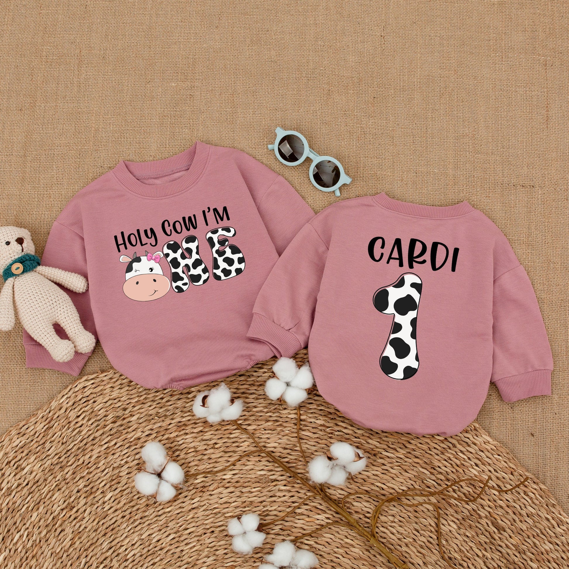Personalized Holy Cow I'm ONE Baby Girl First Birthday Romper Whimsical Cow Print Bodysuit Farm Theme Bubble Romper Shower Gift