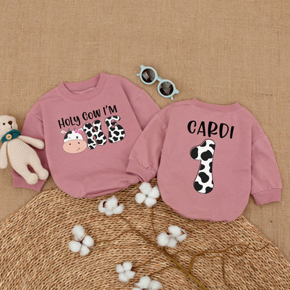 Personalized Holy Cow I'm ONE Baby Girl First Birthday Romper Whimsical Cow Print Bodysuit Farm Theme Bubble Romper Shower Gift